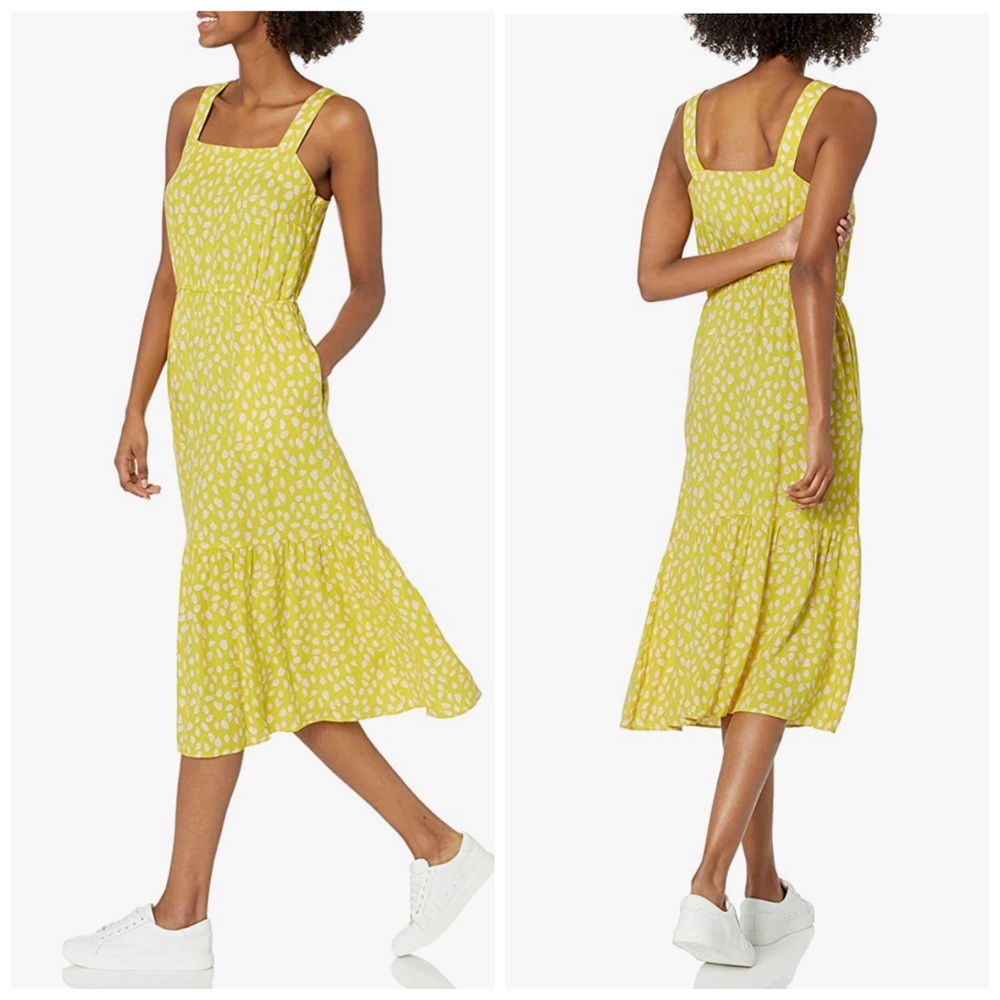 NWOT Pink Petal Print Yellow Midi Sundress with Pockets